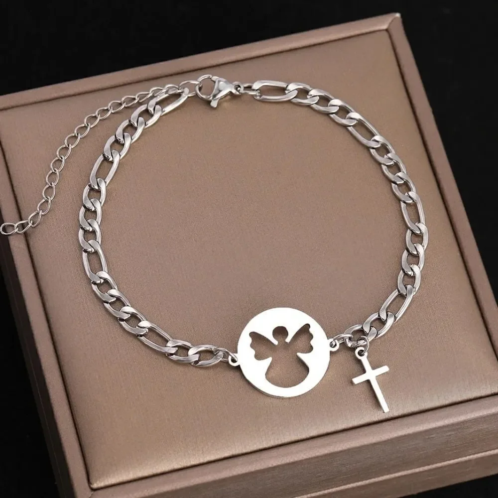 Stainless Steel Angel Cross Bracelet